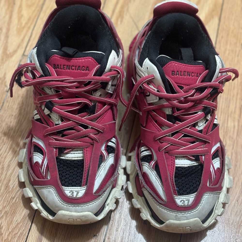 Balenciaga Burgundy and Cream Track Sneakers